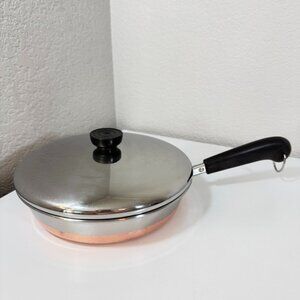VTG Revere Ware 9in -92I Skillet Fry Saute Pan Copper Bottom SS 1801 USA w/ Lid
